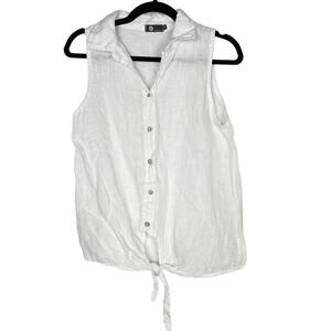 M Brand Womens XSmall XS White Linen Button Down Tie Front Sleeveless Blouse Top